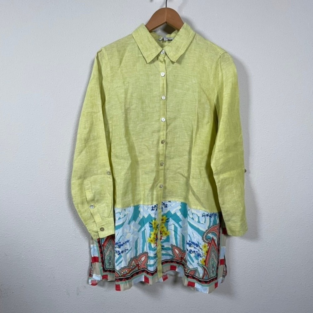 John Mark Tunic Shirt Womens M Lime Green‎ Coastal Linen Paisley Floral Artsy